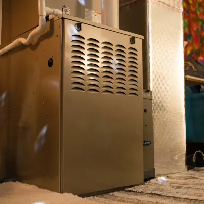 Indoor home furnace unit in a cozy living room with a sofa, rug, and drum set beside it.