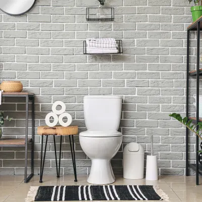 Modern bathroom with white toilet, black and white rug, sink, shelves, plants, and round mirrors on gray brick wall.