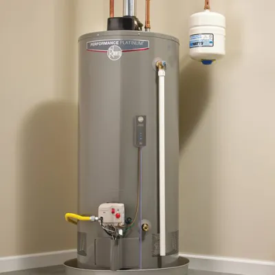 Rheem Performance Platinum water heater in a utility room with gray storage bins nearby.