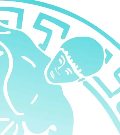 Stylized blue graphic of a person wearing a headband inside a circular pattern with geometric shapes.