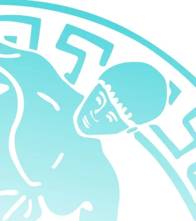 Stylized turquoise swimmer with cap inside a circular frame with geometric pattern on white background