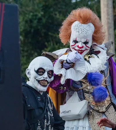 Three people in horror costumes including a clown with red hair, a skull-faced figure, and a woman in a red and gold jacket.