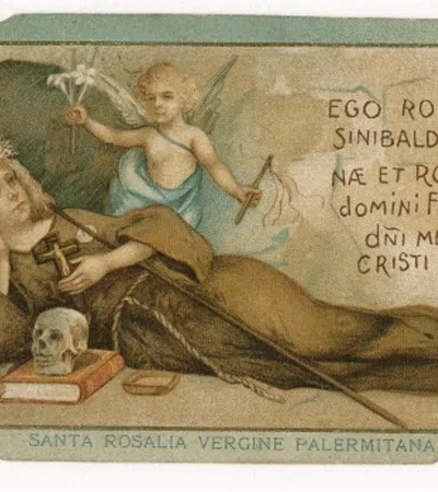 Vintage illustration of Saint Rosalia reclining with a skull, angel holding lilies, and Latin text on aged parchment.