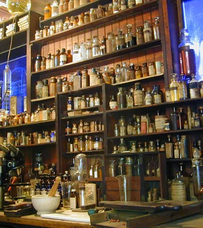 Shelves filled with vintage apothecary jars and bottles in an old-style pharmacy setting.