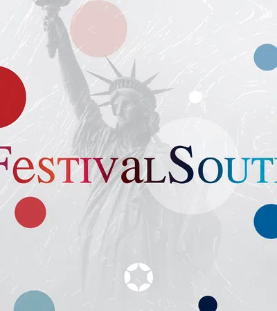 Festival South logo with multicolored text overlaid on a grayscale Statue of Liberty background with colorful circular accents.
