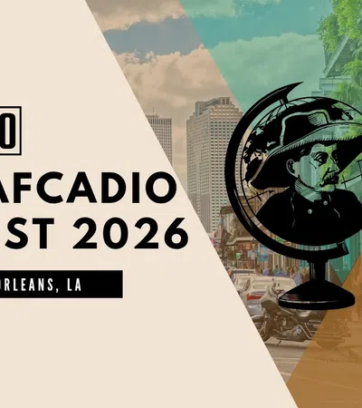 Lafcadio Fest 2026 in New Orleans event announcement with vintage portrait globe and cityscape background