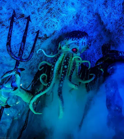 Cthulhu figure with glowing red eyes holding a trident amidst blue fog and web-like textures underwater.