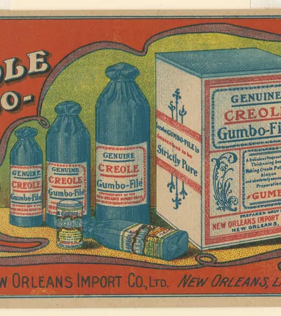 Vintage advertisement featuring Genuine Creole Gumbo-Filé products in various bottle and box sizes with colorful design.