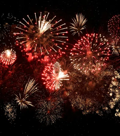 Bright red and gold fireworks bursting vividly against a dark night sky during celebration.
