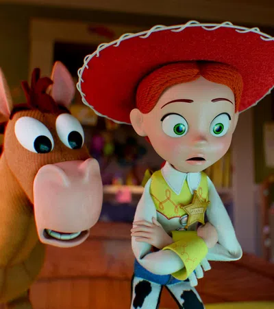 Toy Story characters Jessie and Bullseye looking surprised in a colorful bedroom setting from the animated film.