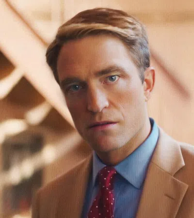 Man in a tan suit and red polka dot tie staring directly at the camera with a blurred warm background.
