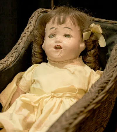 Vintage damaged doll with curly hair in a pale yellow dress sitting in a woven basket cradle.
