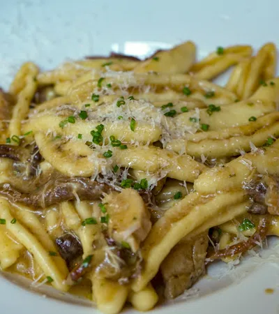 Plate of homemade pasta with creamy mushroom sauce, sprinkled with grated cheese and chopped herbs.