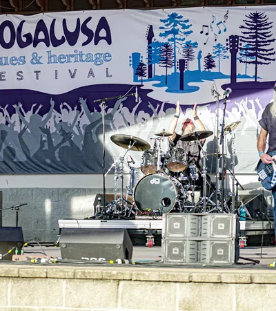 Live blues band performing on stage at the Bogalusa Blues and Heritage Festival outdoor event.