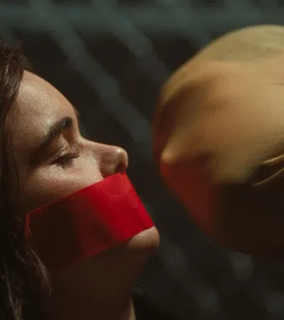 Woman with red tape over her mouth faces a person with a stocking mask over their head in a tense scene.