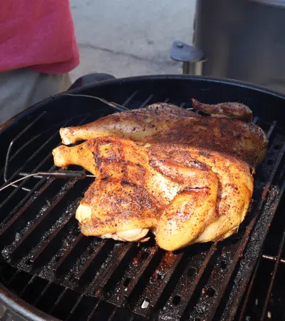 Spatchcock chicken seasoned and grilling on a charcoal barbecue with a probe thermometer inserted.