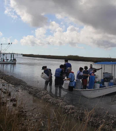 Group of people working on a boat near a marshy shoreline under a cloudy sky during daytime