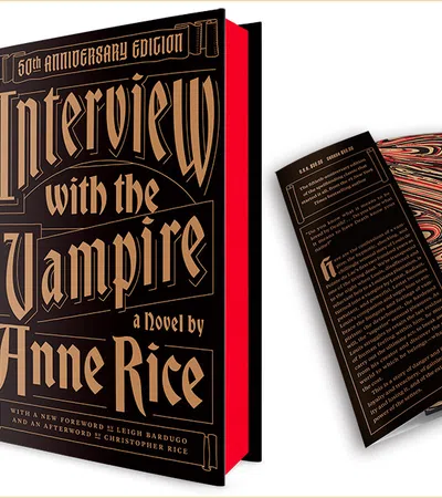 Special 50th anniversary edition of Interview with the Vampire by Anne Rice with decorative black and red cover design
