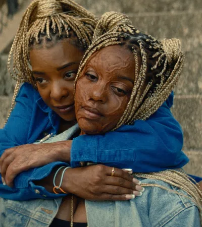 Two women with braided hair embrace on concrete stairs, showing support and emotional connection.