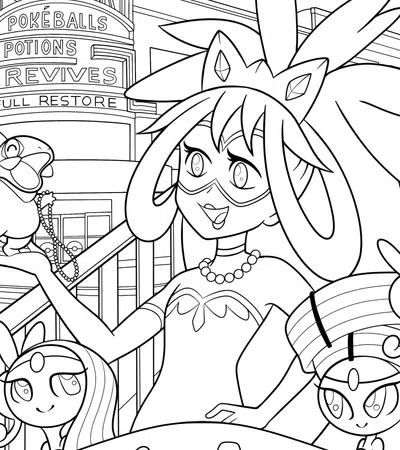 Anime girl with feathered headpiece holding a small bird figurine in a shop offering Pokeballs, potions, revives, full restore.