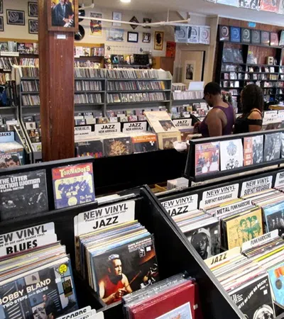 Interior of a vinyl record store with bins of new jazz, blues, punk, and soundtracks and customers browsing