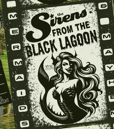 Poster for The Sirens from the Black Lagoon event on October 10th with mermaid and film-themed graphics.