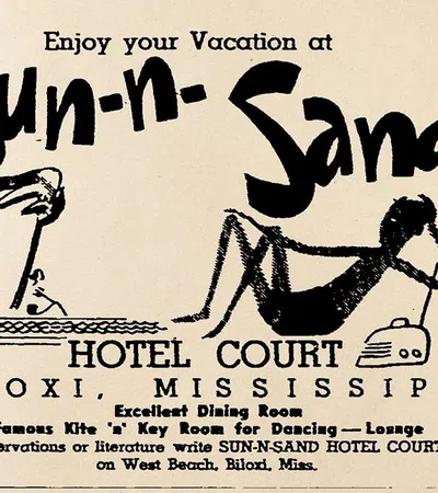 Vintage black and white ad for Sun-n-Sand Hotel Court in Biloxi with a relaxing figure and pelican illustration.