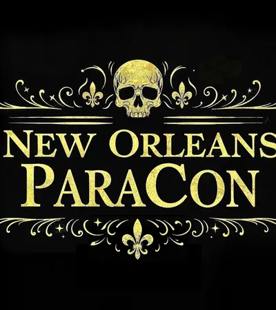 Gold New Orleans ParaCon logo with a skull and decorative fleur-de-lis on black background
