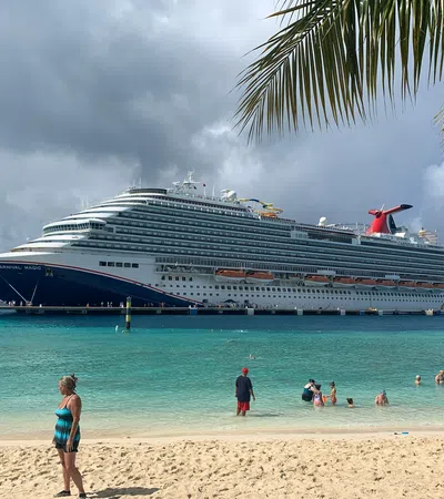 Large cruise ship docked near beach with people swimming and palm tree overlooking turquoise water.