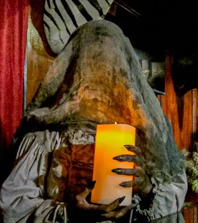 Ghostly figure with a cloth covering head holding a glowing candle in a dimly lit room with wooden walls.