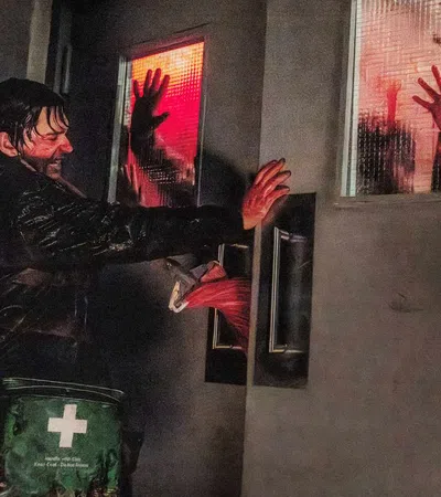 Man pushes hospital doors with bloody hands as silhouettes press against red-lit windows in a tense scene.