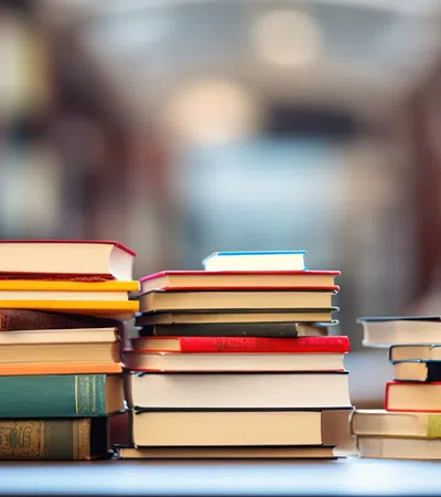 Stacks of colorful hardcover books arranged on a table in a blurred library setting with warm lighting.