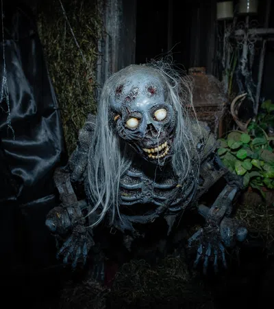 Creepy skeleton figure with glowing eyes and long white hair in a dark, eerie setting with plants and moss.