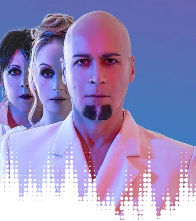 Three serious adults in white outfits with blue and pink lighting, arranged in a row against a blue background.