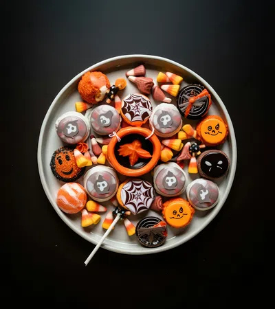 Plate of Halloween-themed cookies and candy corn on black background with orange and black decorations