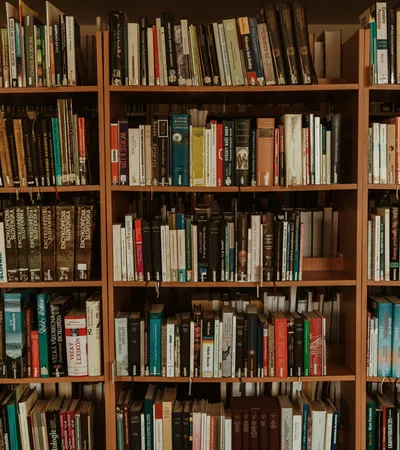 Wooden bookshelves filled with a variety of books organized by size and color in a cozy library setting