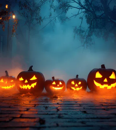 Glowing jack-o'-lanterns with carved faces lit inside on a foggy street at night for Halloween.