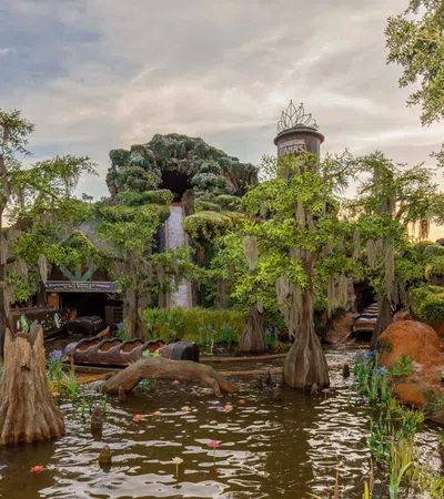 a pond with trees and rocks around it