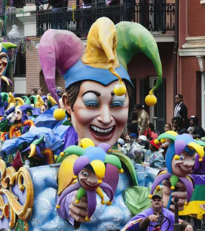 Colorful Mardi Gras parade float with large jester figures and festive crowd in the background on a city street.