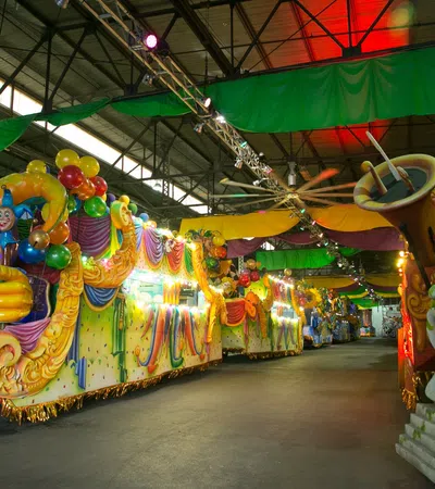 Colorful Mardi Gras parade floats with jester figures and vibrant decorations under a large indoor warehouse ceiling.