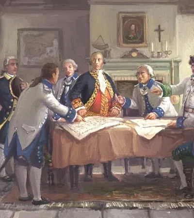 Historical painting of 18th-century military officers discussing a large map around a table in a vintage room.