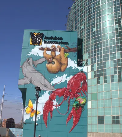 Colorful mural on building featuring sloth, shark, lobster, butterfly, and insect outside Austintosa Insectarium.