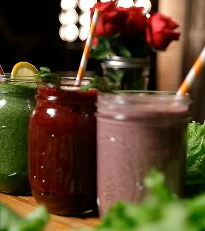 Colorful smoothies in glass jars with striped straws lined up on wood board with fresh greens and red roses