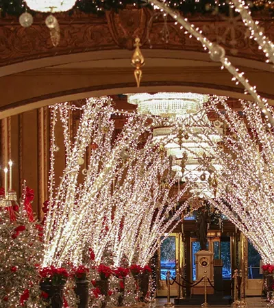 a decorated room with christmas decorations