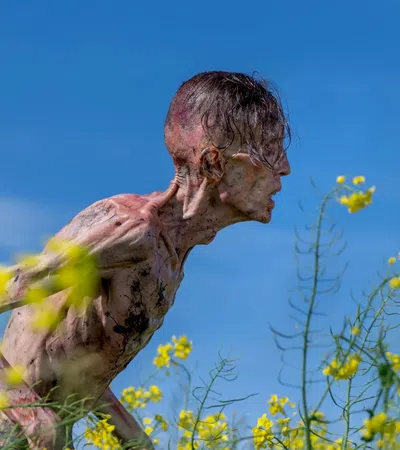 Emaciated person with visible wounds and scars leans forward among yellow wildflowers against a clear blue sky.