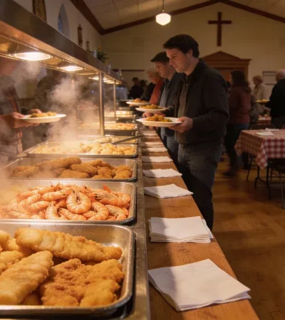 People serving themselves fried fish, shrimp, and sides from a buffet in a church dining hall.