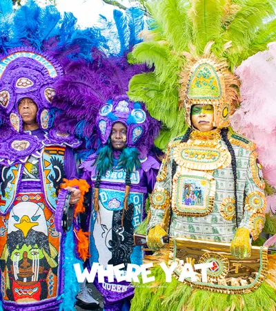 Super Sunday with the local Mardi Gras Indians vibrant costumes showcasing intricate, hand-sewn suits, drumming, and chanting, primarily taking place Uptown at A.L. Davis Park (LaSalle St & Washington Ave) starting at 12 p.m on Sunday March 15, 2026 . in the photo is Flag boy giz posing with Mardi Gras Indians.