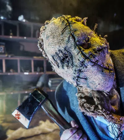 Creepy figure with stitched burlap sack mask holding bloody axe in dimly lit haunted room setting.