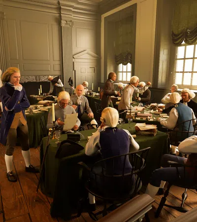 Historical re-enactment of colonial men gathered in a wood-paneled room discussing documents around tables.