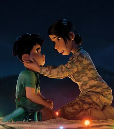 Animated scene of a woman in military uniform comforting a young boy at night with colorful lights around them.